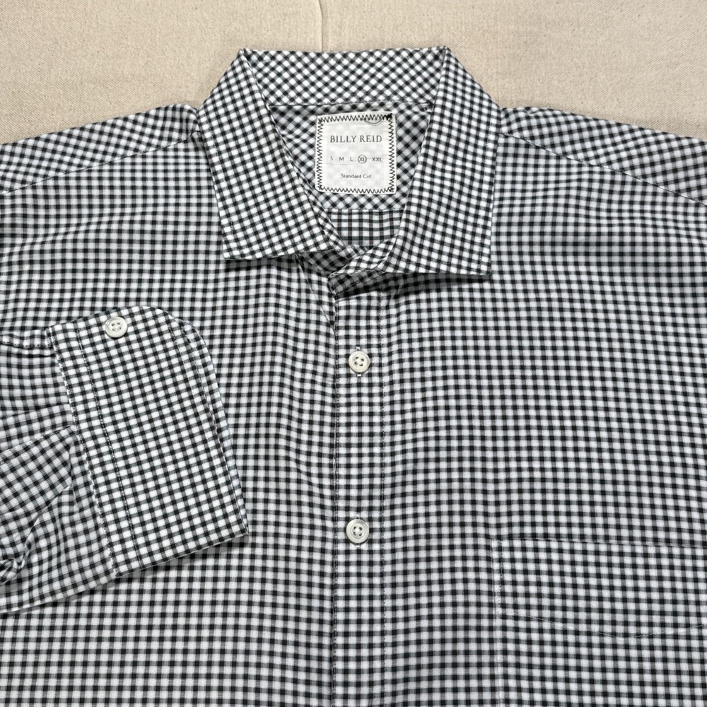 Billy Reid Men's XL Gray Beige Gingham Plaid Button Up Shirt Pockets Italy
